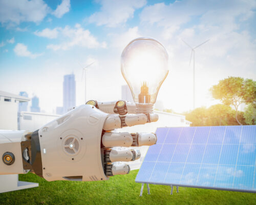 Smart energy with robot hold light bulb and work with solar pane Smart energy concept 3d rendering robot hold light bulb and work with solar panel