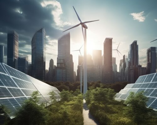 solar energy panel on the building in the big city. Generative AI solar energy panel on the building in the big city. Generative AI.